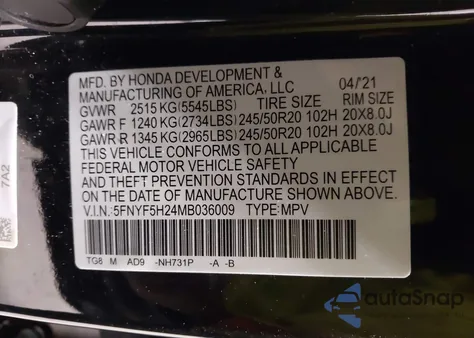 2021 Honda Pilot 2Wd Special Edition z USA, uszkodzony, nr VIN 5FNYF5H24MB036009